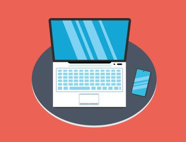 Modern Smartphone Vektör İllüstrasyon Teknolojisi Arkaplanlı Bir Masadaki Dizüstü Bilgisayar