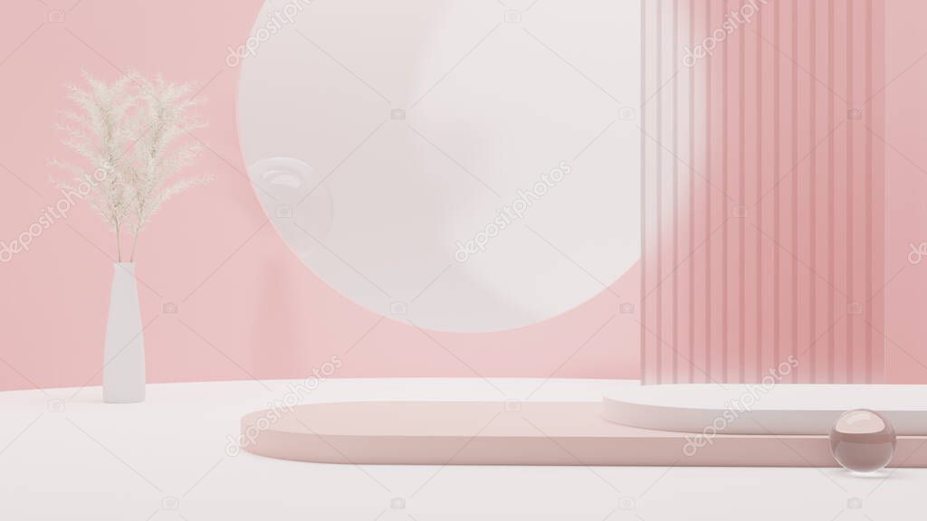 3D rendering product display podium on pastel background with glass ball and plant.
