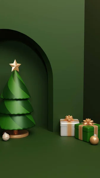 松の木 ギフトボックスと飾りクリスマスシーン — ストック写真