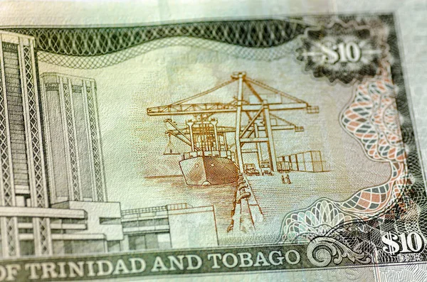 Detalj Dollarssedel Från Trinidad Och Tobago Som Visar Containerterminal Med — Stockfoto