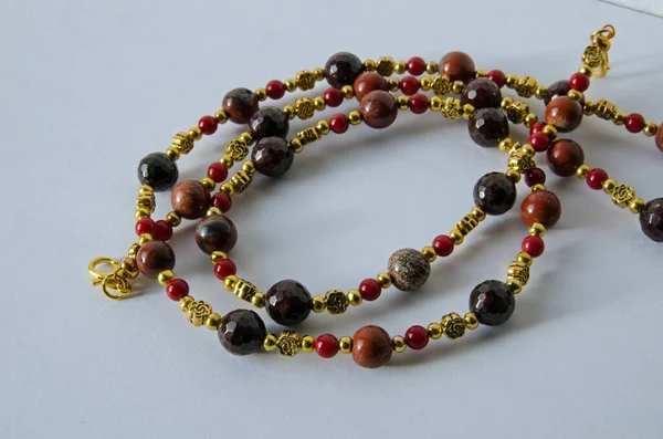 Necklace Handmade Beads Garnet Jasper Coral Gold Plated Findings Viewed — стоковое фото