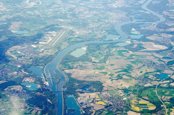 Вид Літака Над Річкою Рейн Францією Справа Німеччина Зліва Grenzubergang Ліцензійні Стокові Зображення