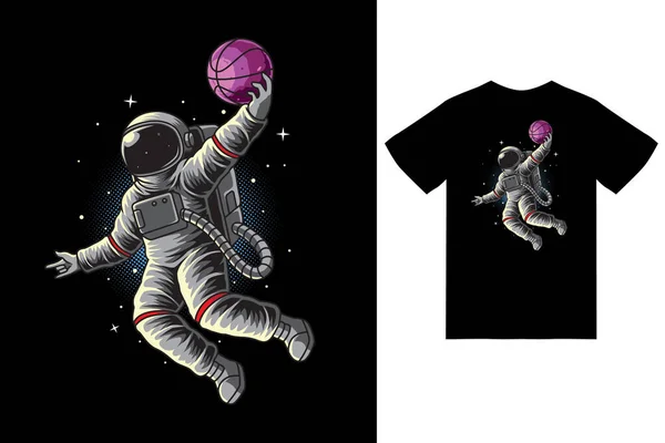 Astronaut Basketball Slam Dunk Space Illustration Tshirt Design Premium Vector — Stockvektor