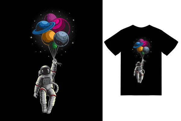 Astronaut Floating Planet Balloon Illustration Tshirt Design Premium Vector — Image vectorielle