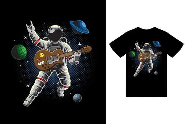 Astronaut Playing Guitar Space Illustration Tshirt Design Premium Vector — Stockvektor