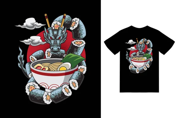 Dragon Sushi Ramen Illustration Tshirt Design Premium Vector — Stock Vector