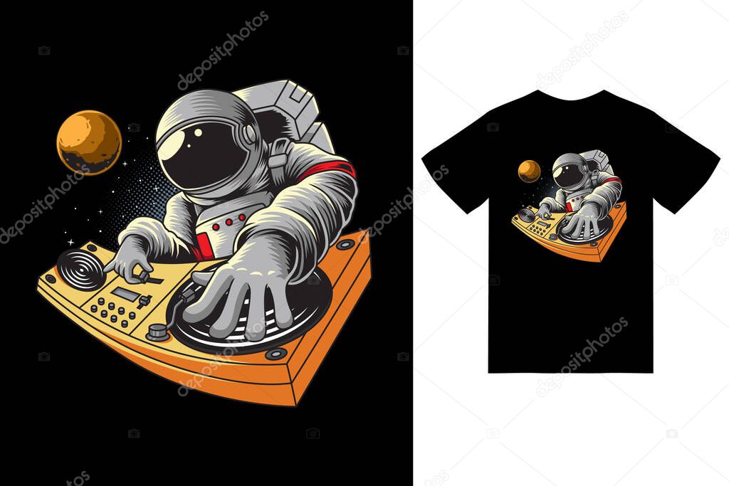 Astronaut playing dj in space illustration with tshirt design premium vector