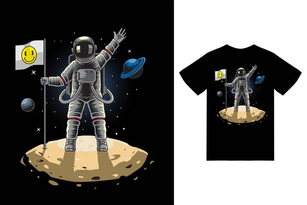 Astronaut Standing Holding Flag Moon Illustration Tshirt Design Premium Vector — Image vectorielle