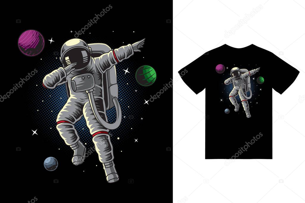 Astronaut dabbing in space illustration with tshirt design premium vector