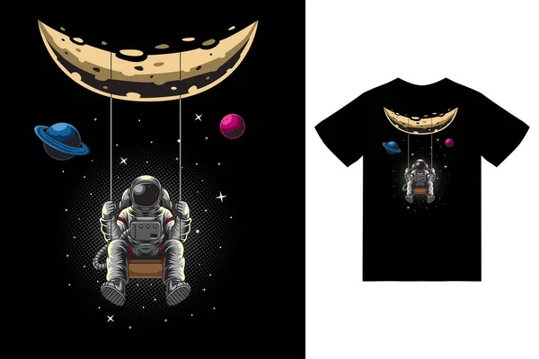 Astronaut Swinging Moon Illustration Tshirt Design Premium Vector — Stockvektor