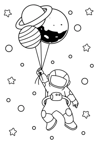 Cute Astronaut Holding Balloon Planet Coloring Book Illustration Vector — Stock Vector