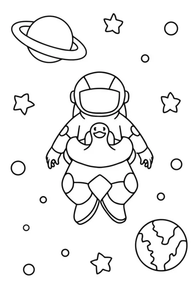 Cute Astronaut Duck Balloon Coloring Book Illustration Vector —  Vetores de Stock