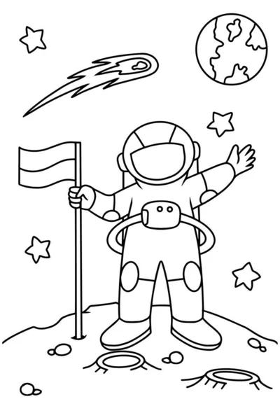 Astronauta Bonito Com Bandeira Colorir Livro Ilustração Vetor — Vetor de Stock