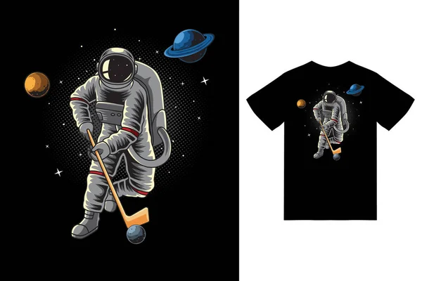 Astronaut Playing Hockey Space Illustration Tshirt Design Premium Vector — Stockvektor
