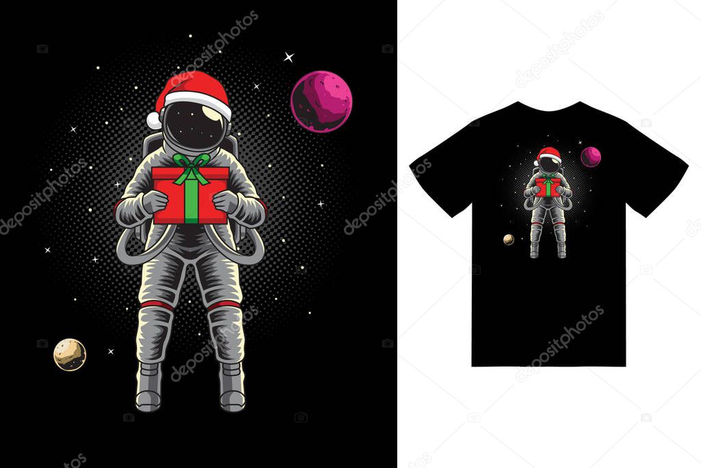 Astronaut holding gift in space illustration with tshirt design premium vector