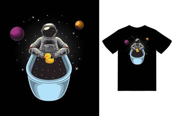 Astronaut Bathing Bathtub Illustration Tshirt Design Premium Vector — Stockvektor