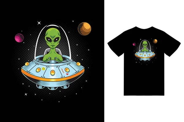 Alien Ufo Ilustração Com Tshirt Design Premium Vetor — Vetor de Stock