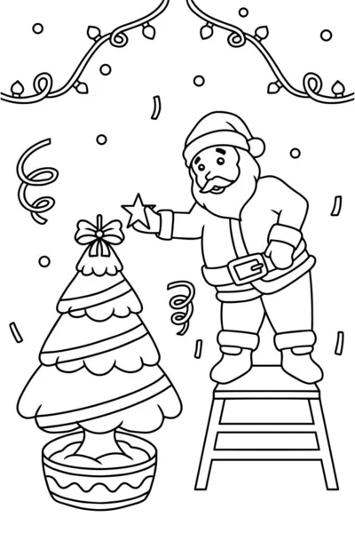 Santa Claus Puts Star Christmas Tree Coloring Book Illustration Vector — Archivo Imágenes Vectoriales