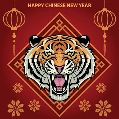 Mutlu Çin Yeni Yılı 2022 tebrik kartı kaplan kükreme vektörü