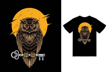 Tişört tasarımı premium vektörü ile baykuş ve anahtar illüstrasyonu