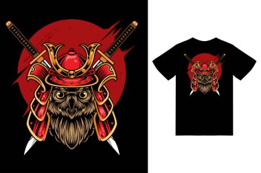 Baykuş samuray illüstrasyonu t-shirt tasarımı premium vektörü