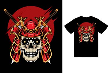 Tişört tasarımı premium vektörlü Kafatası Samuray çizimi