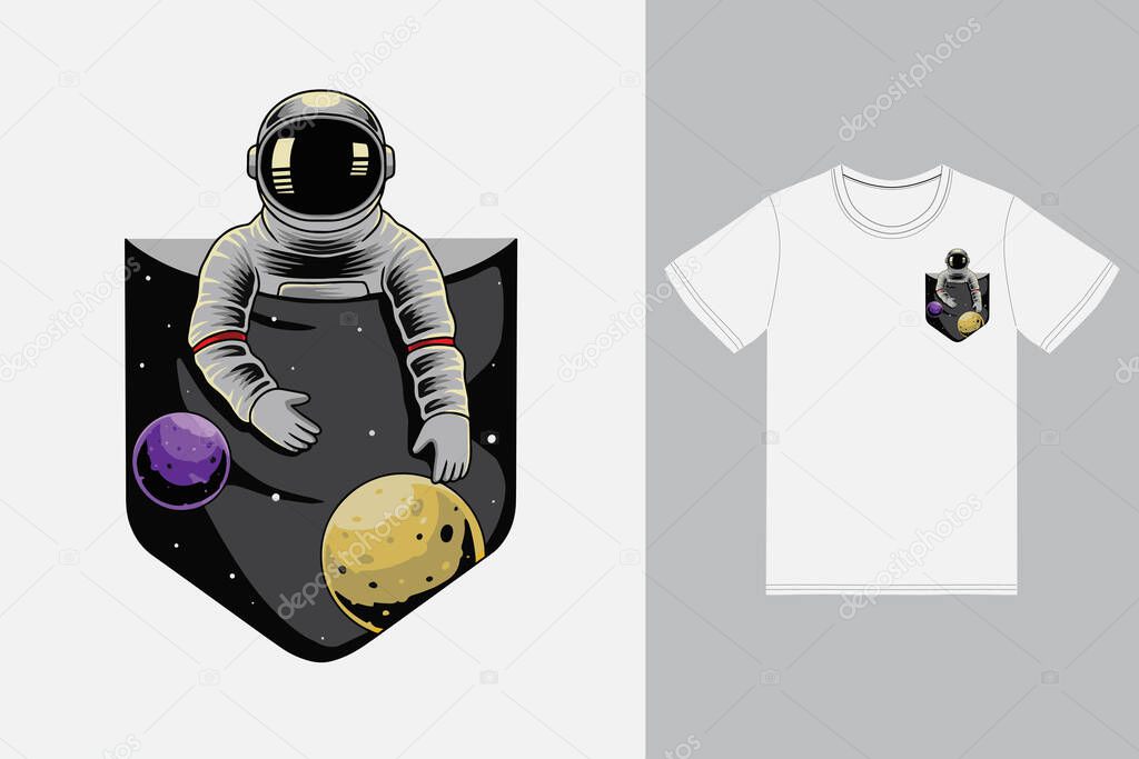 Astronaut in pocket illustration with tshirt design premium vector