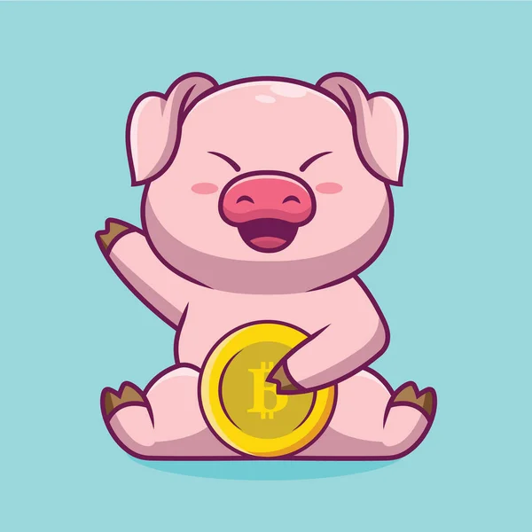 Cute Pig Holding Bitcoin Cartoon Illustration — Stock Vector