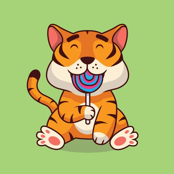 Cute Tiger Eating Lollipop Cartoon Illustration — Stok Vektör
