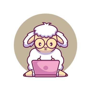 Dizüstü bilgisayarlı şirin koyunlar. Çizgi film çizimleri.