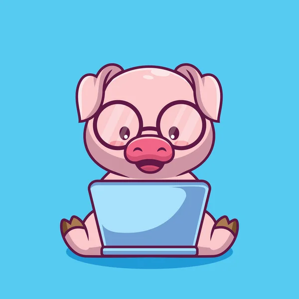 Cute Pig Laptop Cartoon Illustration — Vettoriale Stock