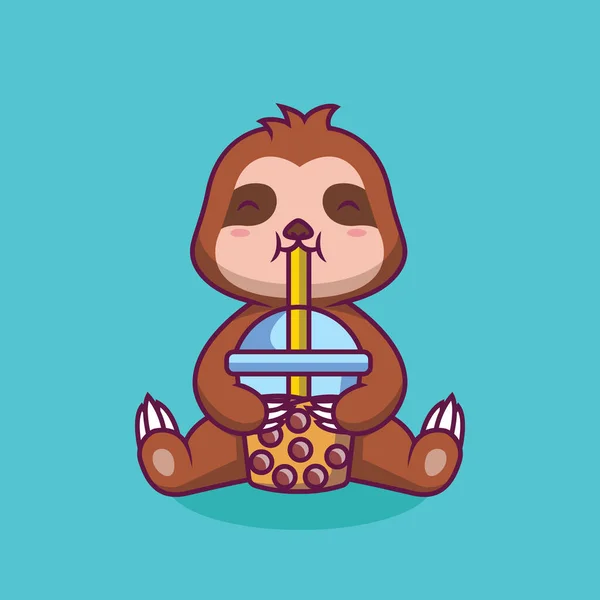 Cute Sloth Drinking Boba Milk Tea Cartoon Illustration — Vetor de Stock