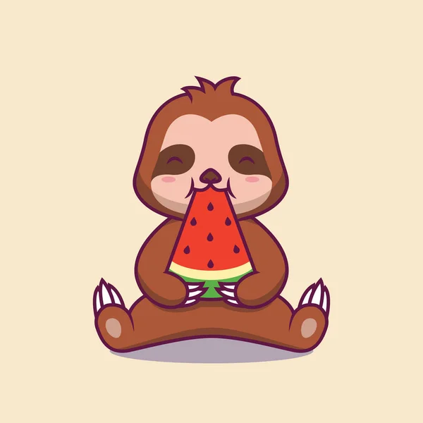 Cute Sloth Eating Watermelon Cartoon Illustration — Stock Vector