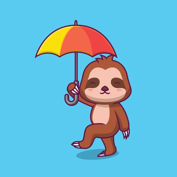 Cute Sloth Hoding Umbrella Cartoon Illustration — ストックベクタ