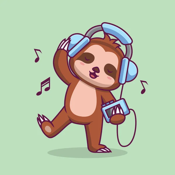 Cute Sloth Listening Music Headphone Cartoon Illustration — Vetor de Stock