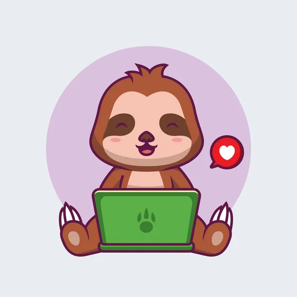Cute Sloth Operating Laptop Cartoon Illustration — Vetor de Stock