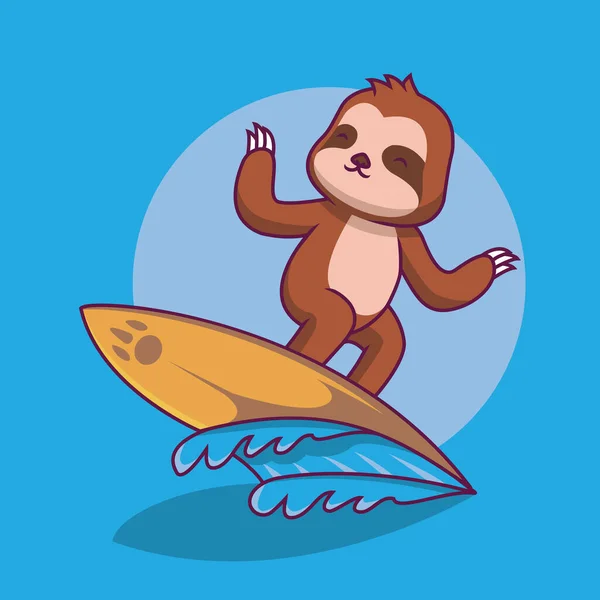Cute Sloth Playing Surfing Cartoon Illustration — ストックベクタ