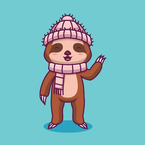 Cute Sloth Wearing Hat Scarf Cartoon Illustration — Vetor de Stock
