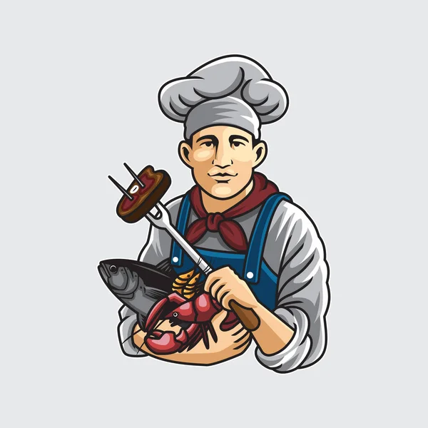 Chef Holding Shrimp Fish Lobsters Cartoon Illustration — 스톡 벡터