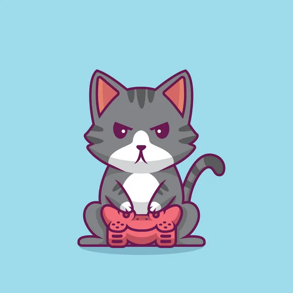 Cute Cat Gaming Cartoon Illustration — Vetor de Stock