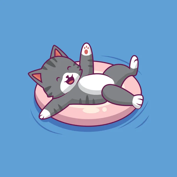 Niedliche Katze Schwimmt Mit Luftballon Cartoon Illustration — Stockvektor