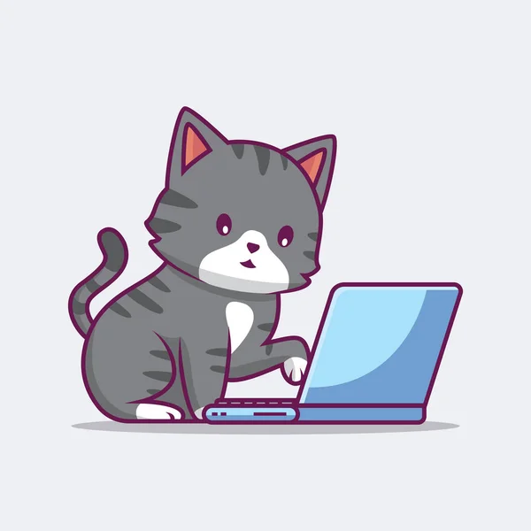 Cute Cat Working Laptop Cartoon Illustration — 图库矢量图片