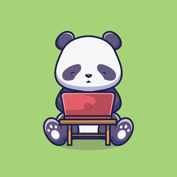 Cute Panda Laptop Cartoon Illustration — ストックベクタ