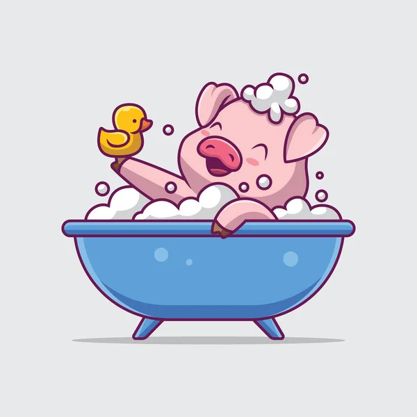 Cute Pig Bathing Bathtub Cartoon Illustration — Stock Vector