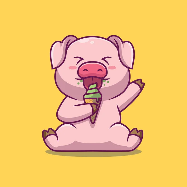 Cute Pig Eating Ice Cream Cartoon Illustration — Vettoriale Stock