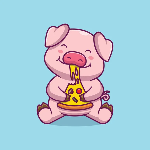 Cute Pig Eating Pizza Cartoon Illustration — Vettoriale Stock