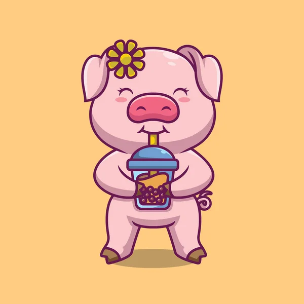 Cute Pig Dringking Bubble Tea Cartoon Illustration — Vettoriale Stock