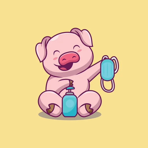 Cute Pig Holding Mask Hand Sanitizer Cartoon Illustration — Vettoriale Stock