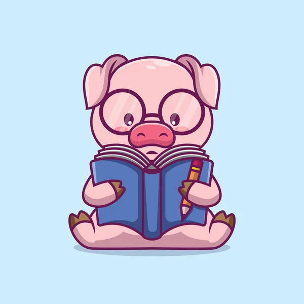 Cute Pig Reading Book Cartoon Illustration — Stock Vector