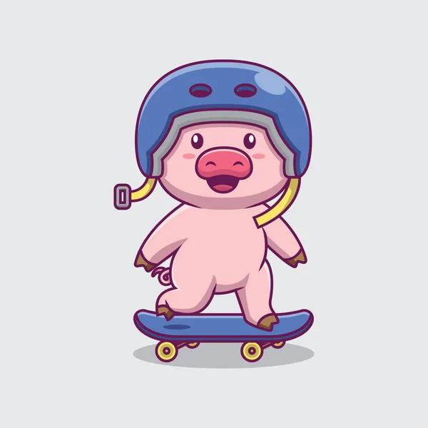 Cute Pig Skateboarding Cartoon Illustration — Stock Vector